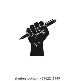 Raised fist holding a pen, with its original Shutterstock credit