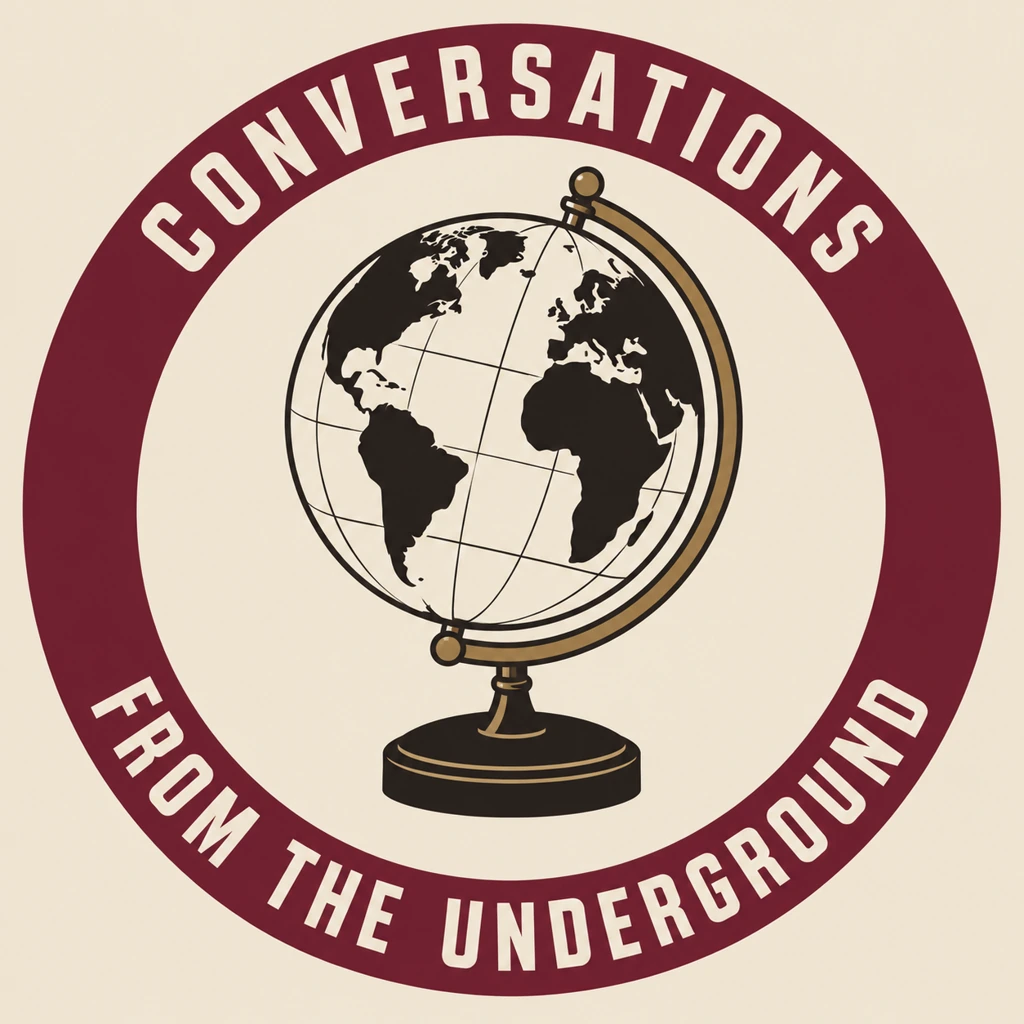 Conversations from the Underground: an antique globe inside a maroon circle