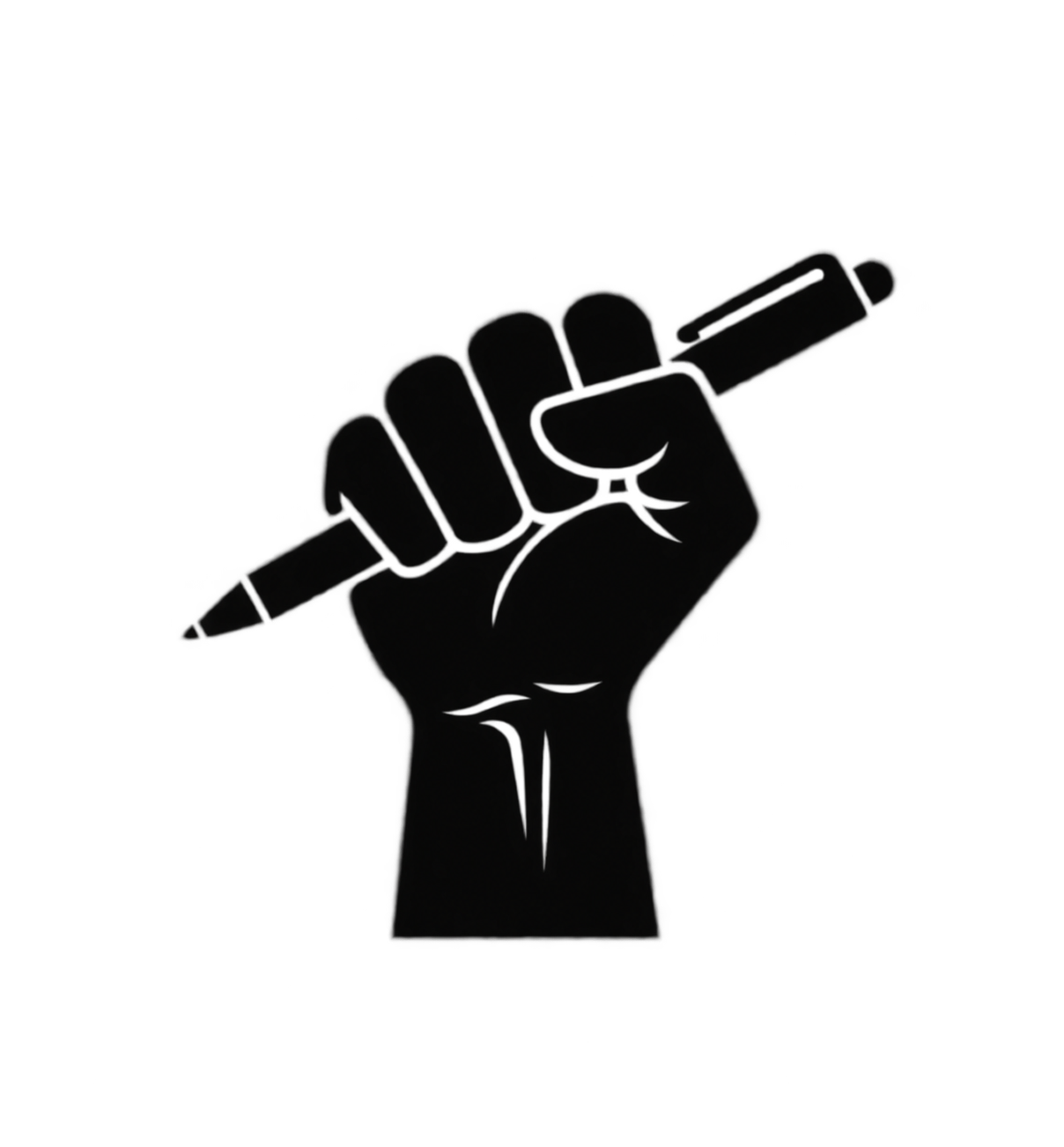 Raised black fist holding a pen with softly feathered edges